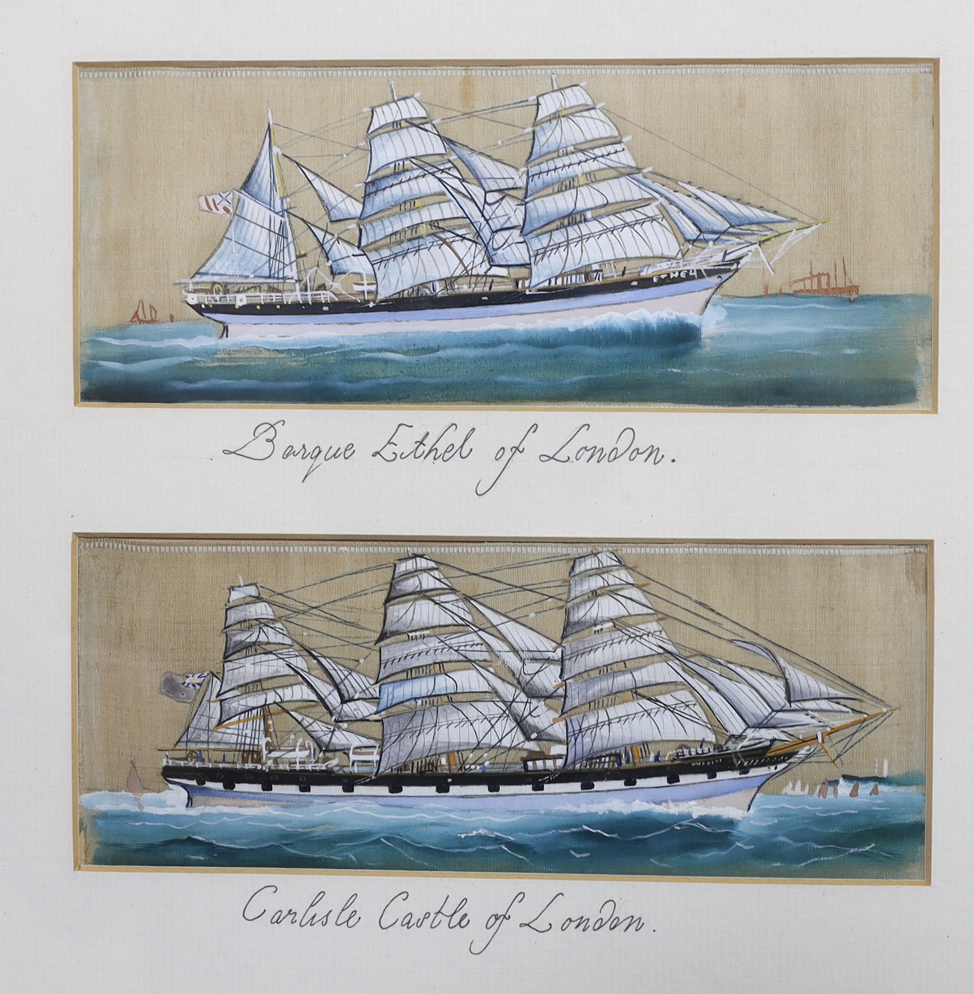 19th century, Maritime interest, pair of heightened watercolours on silk, comprising The barque Ethel of London Carlisle Castle of London, both under all plain sail, each 7 x 18cm, mounted as one, together with, Major C